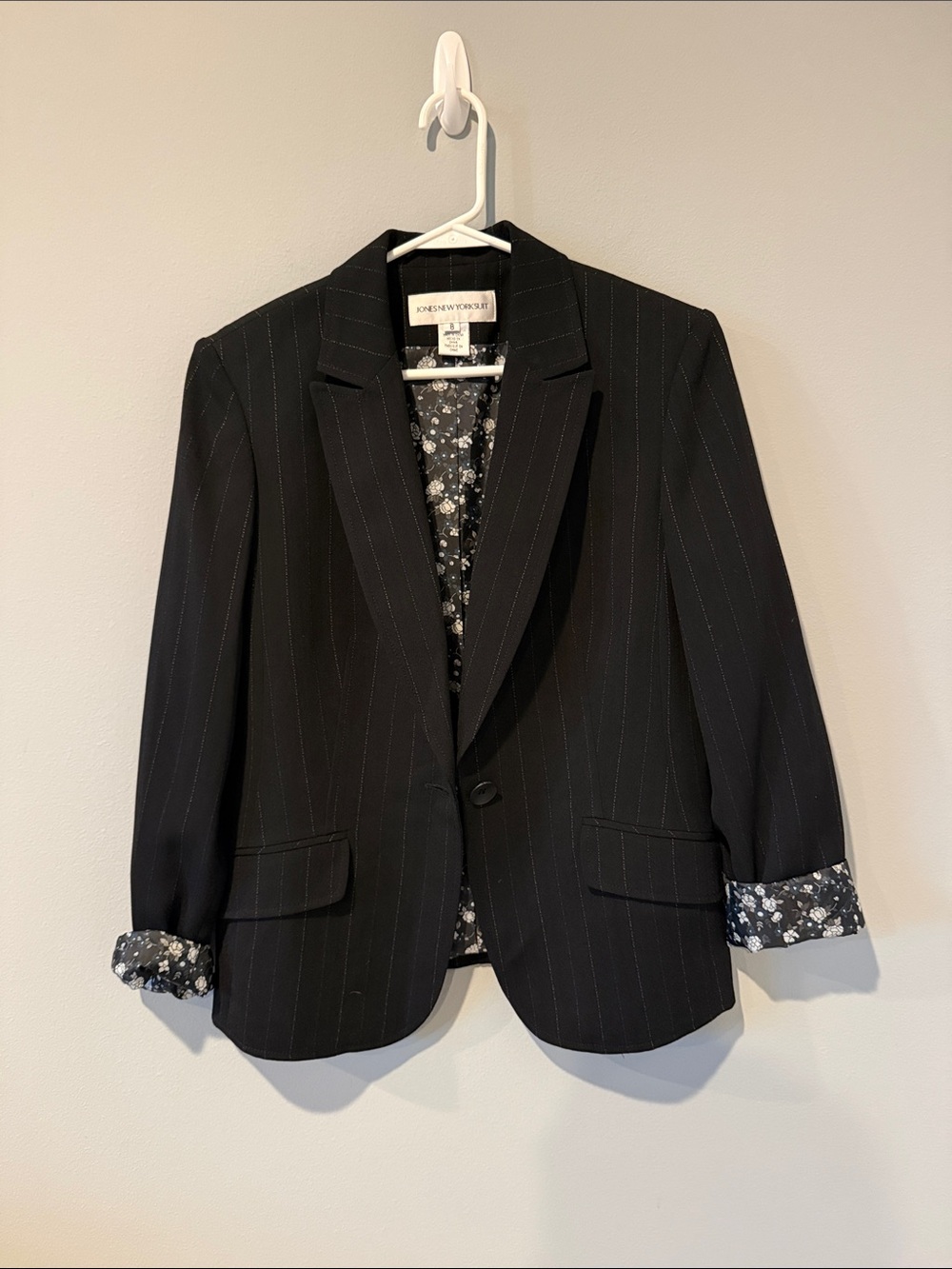 Jones New York Black Pinstripe Blazer with Floral Lining